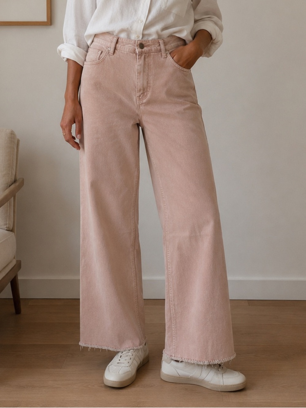 Zara The Marine Straight Blush Pink Wide Leg Jeans Frayed Hem Size 10 Casual